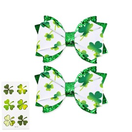 2Pcs St. Patrick's Day Bow Hair Clips - Glitter Sequin Shamrock Handmade Irish Green White Clover Grosgrain Ribbon Alligator Barrettes Party Cheer Accessories for Women Girls (Light Green-Clover)