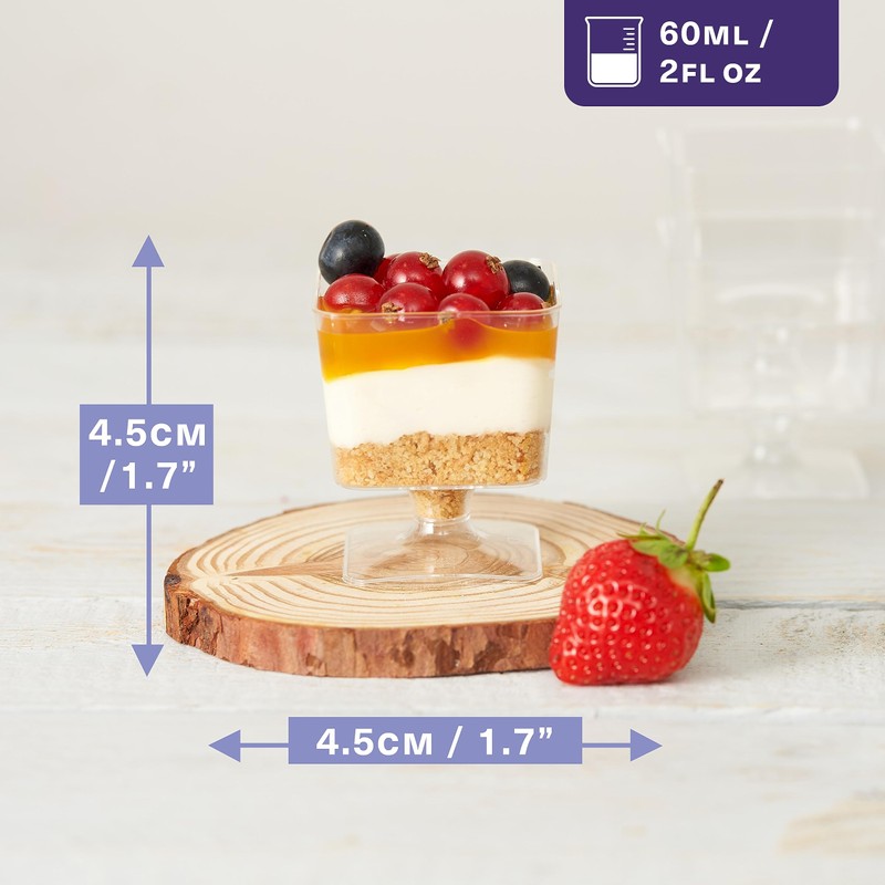 MATANA - 100 Small Plastic Dessert Cups 60ml, Square Clear