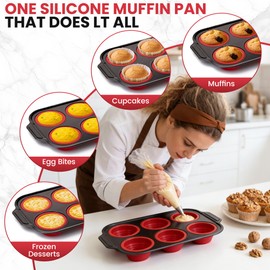 HE-SANQI Silicone Muffin Pan for Baking with Metal Reinforced Frame - 6 Cups Regular Size Cupcake Pan Muffin Tins Egg Bite Molds - Nonstick, Easy to Pop, Bakeware for Oven, BPA Free (6-Cups Red)