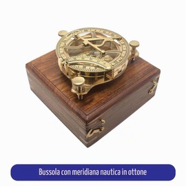 Calyron Bussola Sundial in ottone con scatola di legno, design antico, strumento nautico