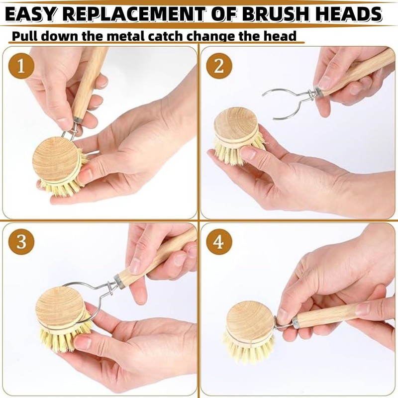 1PCS Bamboo Brush Handle and 5PCS Replacement Heads, Natural Sisal