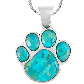 Dog or Cat Paw Necklace Pendant 925 Sterling Silver Genuine Gemstones (with 20" Chain) (Turquoise)