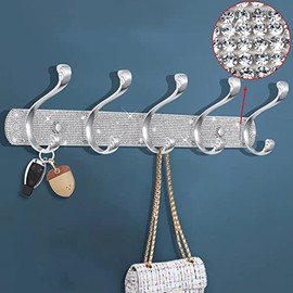 BLACKFISH Coat Rack Wall Mount,Shiny Silver Rhinestones Wall Mounted Coat Rack 5 Hooks,Key Hooks Decorative for Wall,Double Coat Hook Wall Hook Rack Suitable for Coat Hat Towel Purse Robes