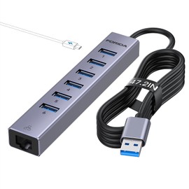 FORIDA 7 Port USB Hub - USB Ethernet HUB with 3.9ft Long Cable for Laptop, USB Extender with Gigabit Network Port and 5V/3A Power Port, Aluminum MultiPort USB hub for Laptop, iMac, PC, Flash Drives