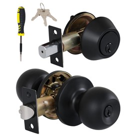 Lanwandeng All Keyed Same Entry Knobs&Single Cylinder Deadbolt Combo Set for Exterior Front Doors, Matte Black Finish Entry Door Lock with Same Keys