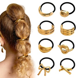 8Pcs Gold Hair Cuffs for Ponytails Hair Ties Fashion Glossy Hair Cuffs Metal Hair Tie Ponytail Cuff Elastic Hair Ties for Women Long Hair Ponytail Holder Gold Hair Accessories