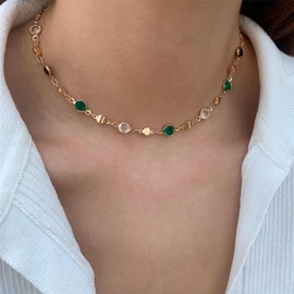 Wendalern Gold Smaragd Choker Halskette Strass Satellitenkette Halskette Grün Kristall Edelstein Halskette Zierlich Strass Kette Halskette Schmuck Für Frauen