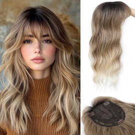 Hair Toppers for Women, 20 Inch Long Curly Wavy Hair Topper 360° 3D French Clip in Bangs (Ombre Highlights Brown with Dark Root2, French Bangs)