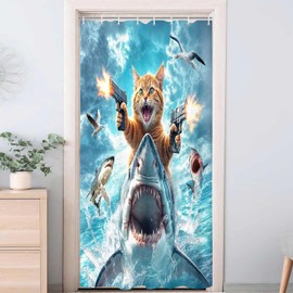 Funny Cat Shower Curtain for Kids, Cute Kitten Riding Shark Ocean Theme Hilarious Cool Fun Grey Blue Wave Animal Nautical Whale Boys Bathroom Sets Decor Fabric Polyester Waterproof 12 Pack Hooks