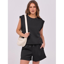 ANRABESS Two Piece Sets for Women 2025 Summer Short Lounge Set Casual Beach Vacation Outfits Spring Sweatsuits Tracksuit, Black, Large
