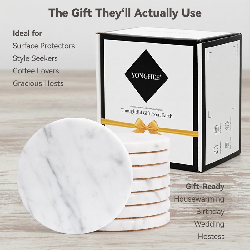 YONGHEE Soft White Marble Coasters Set of 8, Modern Elegant