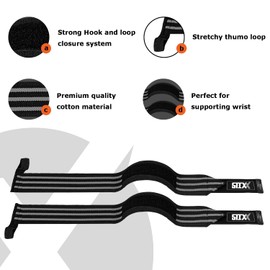 STIXX Gym Wrist Wraps Weightlifting - 18” Heavy Duty Wrist Support Gym Training Fist Straps for Bodybuilding & Powerlifting with Thumb Loop for Men & Women (Blk/Gry)