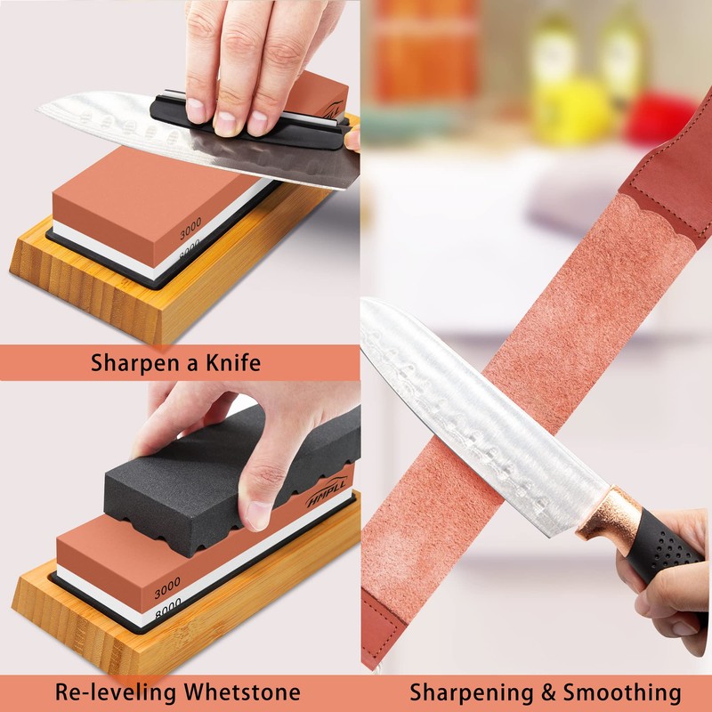 HMPLL Knife Sharpening Stone Set, Professional Whetstone 4 Side Grit