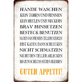 Tin Sign 20 x 30 cm Curved Hands Waschen nicht schmatzen Guten Appetit Saying Sayings Decorative Gift Sign