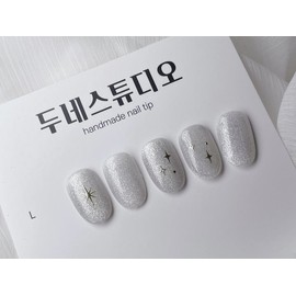 Silver BellStarlight Pinpoint Silver Magnet Handmade Nail Tips✨ - Coffin S / 실버벨별빛 콕콕 실버자석 수제네일팁✨ - 코핀S