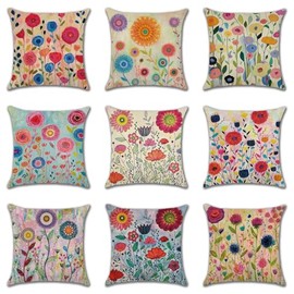 Ohok Set of 9 Decorative Cushion Covers with Motif, 45 x 45 cm, Polyester Linen Decorative Cushion Covers, Modern Decorative Cushion, Sofa Cushion Cover Set for Living Room, Bedroom, Sofa, Couch