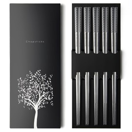 5 Pairs Stainless Steel Chopsticks, Reusable Metal Chopsticks,Square Lightweight Chop Sticks Dishwasher Safe , Easy to Use,9.25Inch/23.5Cm(Gold Coin Pattern)