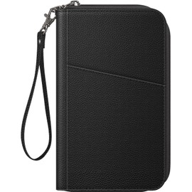 Fintie - portafolios para pasaporte familiar, con bloqueo RFID, organizador de documentos de viaje, bolsa de embrague para tarjetas de crédito, funda para mujeres y hombres, Negro -, Soporte para