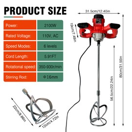 Cement Mixer, 110V Handheld Electric Concrete Mixer with 6 Adjustable Speed, Portable Mortar Mixer,for Mixing Mud, Putty,Cement, Mortar,Paint,Grout Plaster Thinset Fodder Stirring Tool,Single Paddle