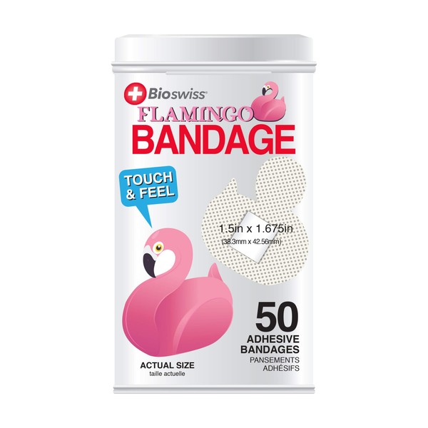 BioSwiss Kids Bandaids | 50pcs Sterile Unique Shaped Bandages Colorful Funny Cute Toddler Girls & Boys, Adults First Aid, Protect Scrapes and Cuts | Wellness for Everyone | Reusable Tin (Flamingo)