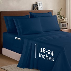Elegant Comfort 1500 Premium Quality 6-Piece Bed Sheet Set - 18-24 Inch Extra Deep Pocket, Smart Storage Pockets, Wrinkle Free Ultra Soft 6PC Extra Deep Pocket Sheets, King, Navy Blue
