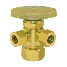Eastman 3/8 Inch x 3/8 Inch x 5/8 In. OD Compression (1/2 In. Nom.) Multi-Turn Dual-Outlet Three-Way Stop Valve, Brass Plumbing Fitting, Brass, 048285LF