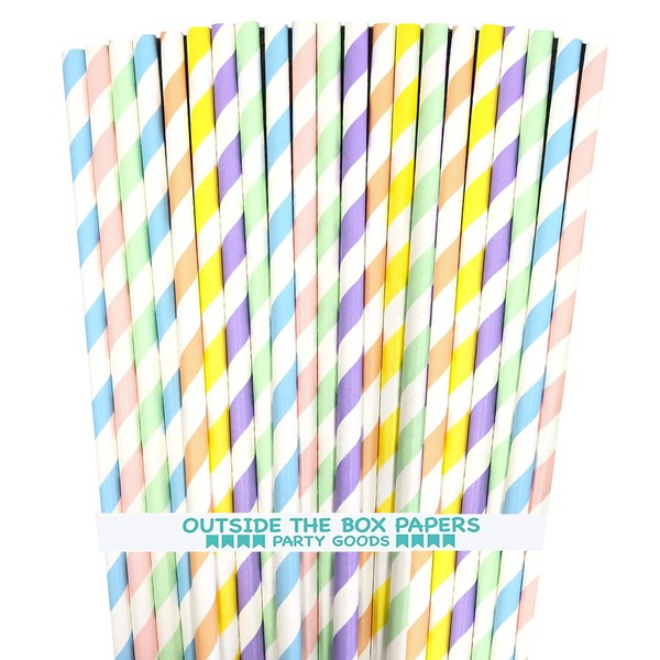 Pastel Stripe Paper Straws - Pink Light Blue Yellow Mint Green Lavender Peach Coral - 150 Pack Outside the Box Papers Brand