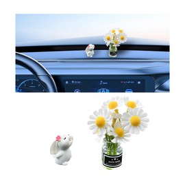 Sandfren Set of 2 Mini Bunny Daisy Car Rearview Mirror Ornaments, Cute Funny Blossom Flower Vase Vehicle Dashboard Decorations, Rabbit Kawaii Auto Interior Dash Accessories, Universal Fit (White)