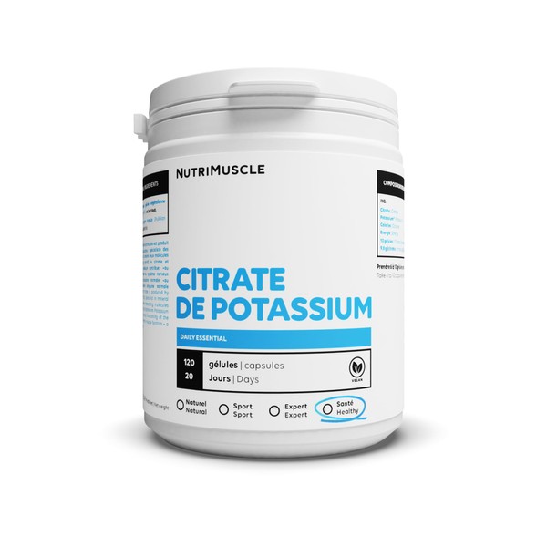 Nutrimuscle - Citrate de Potassium - 120 gélules - 2838 mg par dose - Complément alimentaire alcalinisant - Prévient les calculs rénaux - Soutient le système nerveux - Préserve la masse musculaire