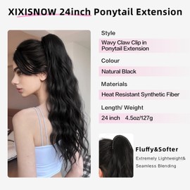 XIXISNOW Clip On Ponytail Extension for Women 24'' Fluffy Layered Wavy Fake Ponytail with Claw Clip Hairpiece Heat Resistant Synthetic Hair Extensions Wedding Party Daily Use(Natural Black, 4.5OZ)
