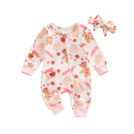 Siyova Newborn Baby Girl Christmas Jumpsuit Set Long Sleeve Zipped Romper Cute Print with Bowknot Headband Toddler Girls Christmas Bodysuit Outfit (Pink Gingerbread Man, 6-12 Months)