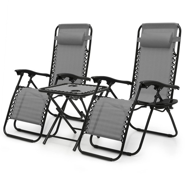 MoNiBloom Indoor/Outdoor Zero Gravity Chairs 3-Piece, Adjustable Folding Reclining Chairs with Folding Table, Pillow and Tray, Pool Patio Lawn Beach Vacation Lounger, 330lbs Capacity, Grey