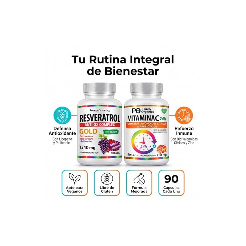 Purely Organics Combo Resveratrol Gold 1340 Vitamina 750 Apoyo Antioxidante