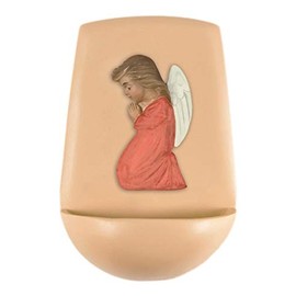 FRITZ COX Holy Pot "Angel, Wache über Me" | Kneeling Guardian Angel in Red Dress | with Brass Eyelet | Hand Painted | Great Communion and Christening Gift