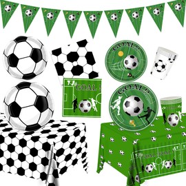 Decoraciones para fiestas de fútbol, suministros para fiestas de fútbol, juego de vajilla incluye pancartas, platos, tazas, servilletas, mantel para niños, decoración de cumpleaños, 24 invitados