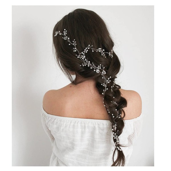 Campsis Wedding Crystal Hair Vine Silver Rhinestone Pearl Headpiece Bridal Long Hair Accessories for Women and Girls