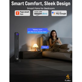 EcoNour 42-Inch Smart Tower Fan, Oscillating Cooling Fan with WiFi/Alexa/Remote Control, 3 Speeds, 2 Modes, 15H Timer, LED Touch Display, Bladeless Design Fans for Bedroom & Office (Black)