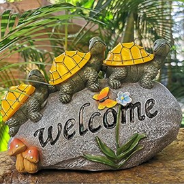 shumi Solar Garden Statue Turtle Outdoor Lights -Welcome Turtles on a Rock Solar Powered LED Outdoor Garden Ornaments，for Indoor Outdoor Yard Statue Decoration，Thanksgiving Christmas 1 Pack