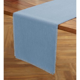 Solino Home Linen Dusty Chambray Blue Table Runner 108 Inches Long - Fringe, 100% Pure Linen 14 x 108 Inch Table Runner for Summer, Fall, Autumn
