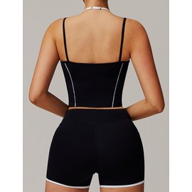 IDOPIP Women's 2-Piece Sports Set for Fitness: Gym Set with Padded Bra and Short Leggings with Pockets - Summer Sportswear for Yoga, Pilates and Workout, black, S