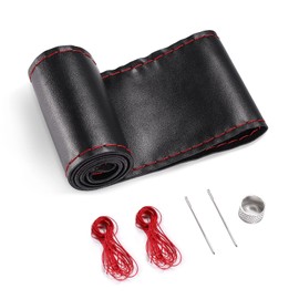 SEG Direct Genuine Leather Steering Wheel Cover, Stitch On Wrap, 15 Inch Steering Wheel Wrap for Car Truck SUV Pickup Boat, DIY Sewing with Needle Thread, Black with Red Thread