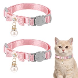2PCS Cat Collar Breakaway, Adjustable Cat Collar with Pearl Pendant