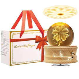 MJKOPEE Music Box Crystal Ball with Light, 3D Music Boxes 360° Rotating Wooden Base, Musical Box for Children/Adult/Mum/Mother's Day/Birthday/Christmas Memorial Gifts (Four-Leaf Clover)