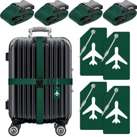 8 Pcs Luggage Straps Suitcase Tags Set for TSA Approved, 4 Travel Adjustable Suitcase Belt, 4 Silicone Luggage Tags with Name ID Card Travel Accessories(Dark Green)