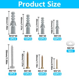 Set of 228 Screws Dowels Set, Plasterboard Dowel Screws Set, Concrete Screws and Dowels Set, Impact Dowel Set with Screws, Concrete Dowels for Plasterboard, Masonry Brick, Concrete Wall, Anchor Bolts