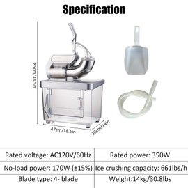 ExploreHorizon 661 lbs/h Commercial Ice Crusher, 350W Electric Snow Cone Machine with 4 Blades and 38L Stainless Steel Ice Storage Box for Restaurants, Bars, and Home Use