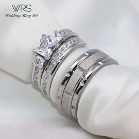 His Hers Wedding Ring Sets Couples Matching Rings Women's 10k White Gold Filled Heart CZ Wedding Engagement Ring Bridal Sets & Men's Tungsten Carbide Wedding Band
