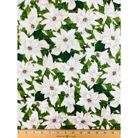 Fabric Traditions BTY - Tossed White Poinsettias with Gold Trim Christmas Holiday Cotton Fabric