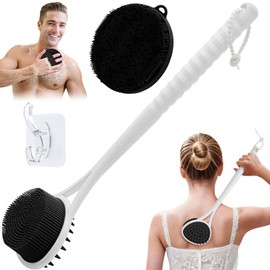 GEENOA Silicone Back Scrubber & Body Scrubber Set, 15.35’’ Back Scrubber for Shower with Dual-Side Brush Head, Silicone Loofah with Dense Bristles, Exfoliating Body Scrubber in Shower(Black-2PCS)