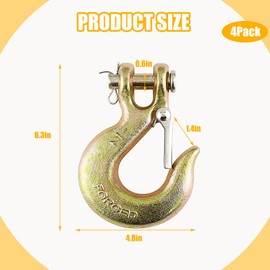 4 Pack of 1/2" G70 Slip Hooks with Safety Latch, Heavy Duty Forged Tow Hooks for Truck, Trailer, Lifting Machinery, Rigging, Fishing Boat and Crane, 2,2000 Lbs Capacity
